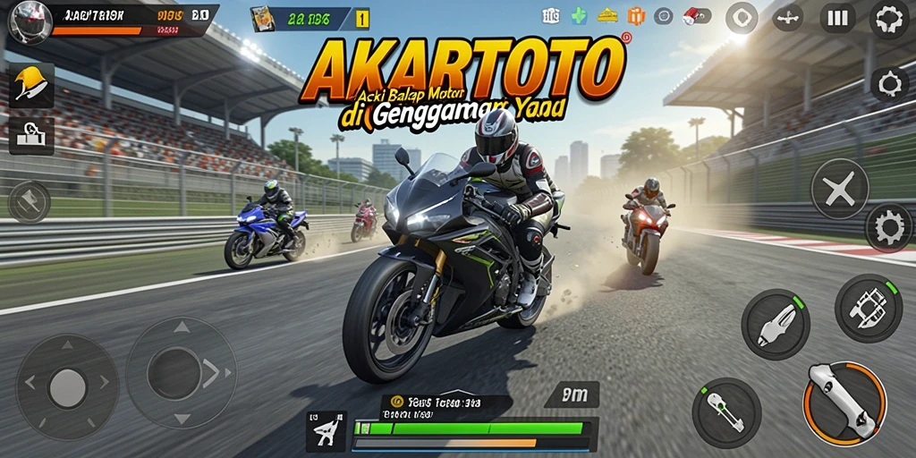 Screenshot AKARTOTO menampilkan balapan motor yang intens.
