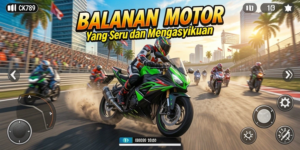 Screenshot gameplay CK789 menampilkan aksi balapan motor yang mendebarkan.